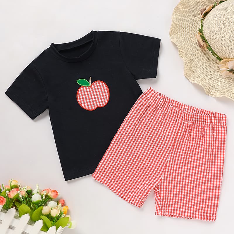 Back-to-School Toddler Boy Set — Appliqué T-Shirt & Red Gingham Shorts