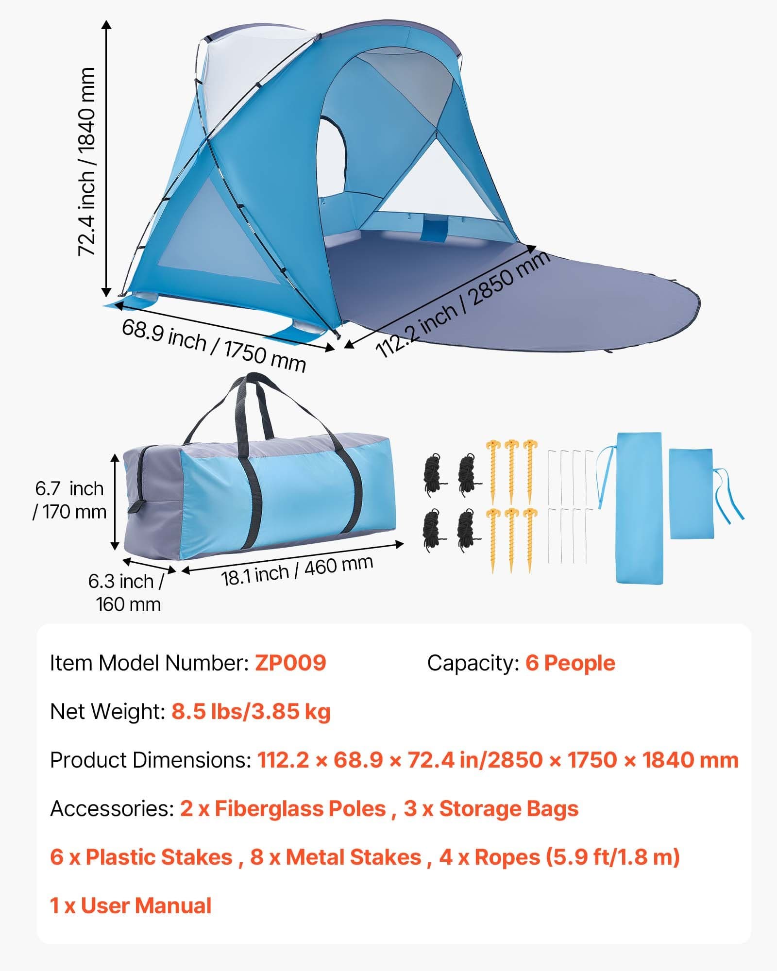 Beach Tent UPF 50+ Sun Shelter for 6 People